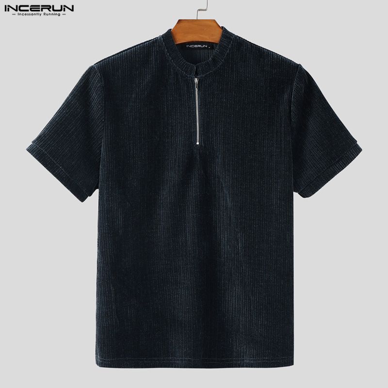 INCERUN Men Zip-up Neck Short Sleeve Texture Rib Casual T-Shirts Tops