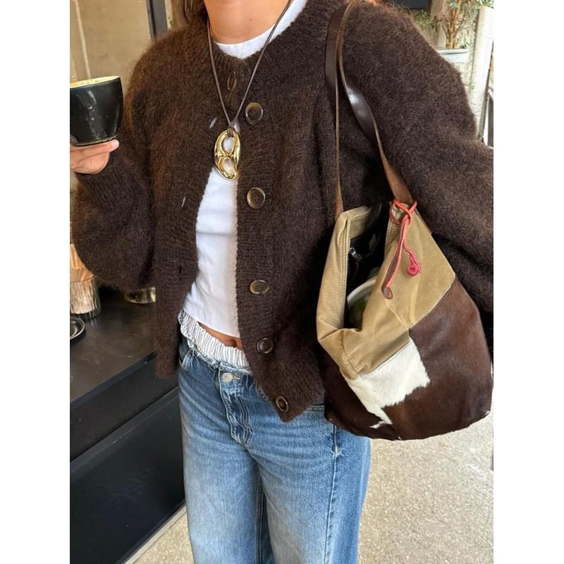 Womens Casual Knit Cardigan Solid Color Loose Fit Round Neck Long Sleeve Fall Sweater