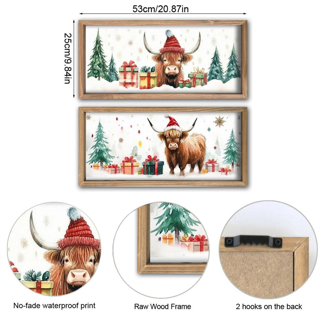 2PCS Christmas Highland Cow Picture Farmhouse Wall Decoration Rustic Wood Print Cow Art Wall Decor Christmas Decoration