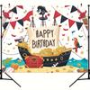 Piratskepp Grattis på födelsedagen Bakgrundstyg, Tecknad Söt Havsstil Sjöman Karibisk Dekoration