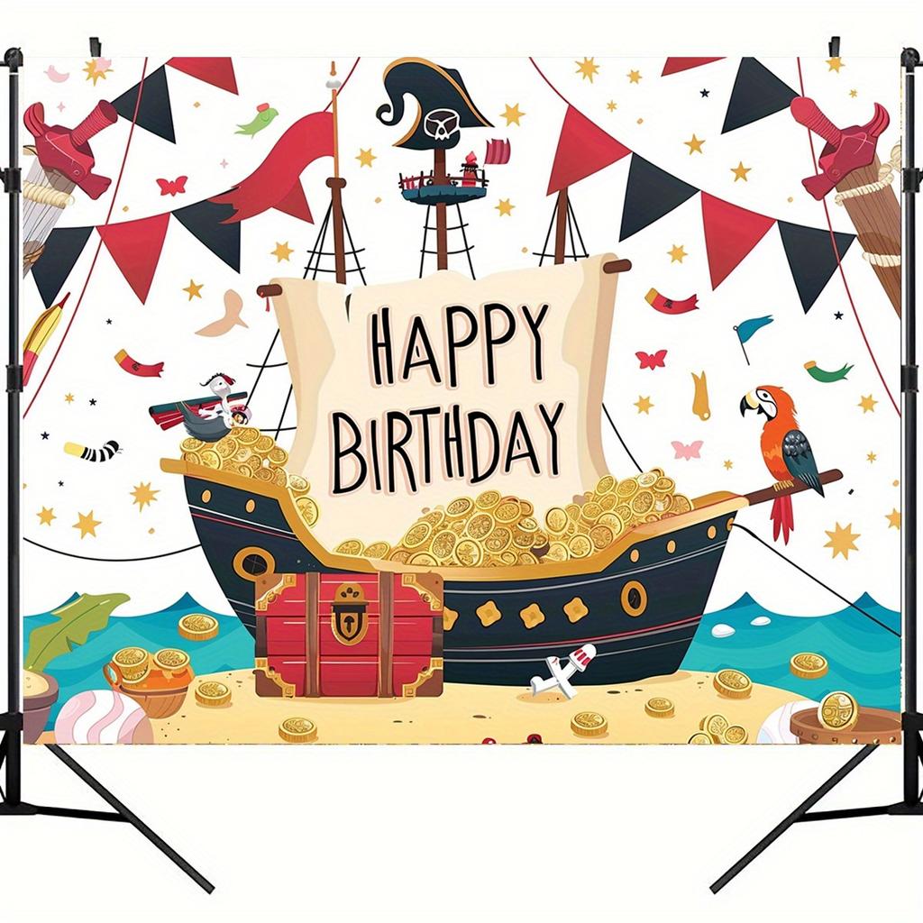 Piratskepp Grattis på födelsedagen Bakgrundstyg, Tecknad Söt Havsstil Sjöman Karibisk Dekoration