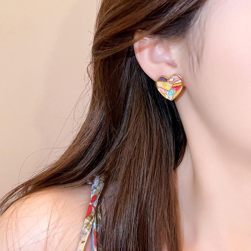 French Drip Glaze Heart Stud Earrings for Women - 2025 New Niche Design, Simple and Fresh Style