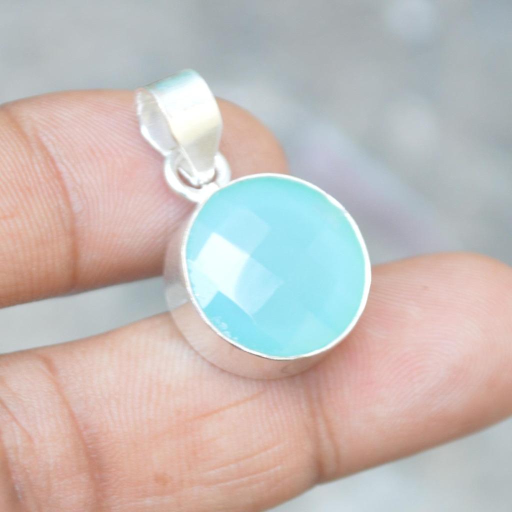 Rose Cut Aqua Chalcedony Gemstone 925 Sterling Silver Gift Pendant