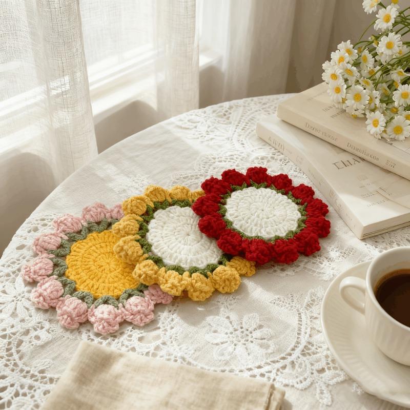 Sottobicchiere Fatto a Mano a Forma di Rosa Lavorato a Maglia, Sottobicchiere Floreale Carino, Fioriera all'Uncinetto, Decorazione in Tessuto Stile Bohémien, Decorazione da Tavola, Sottobicchiere Durevole