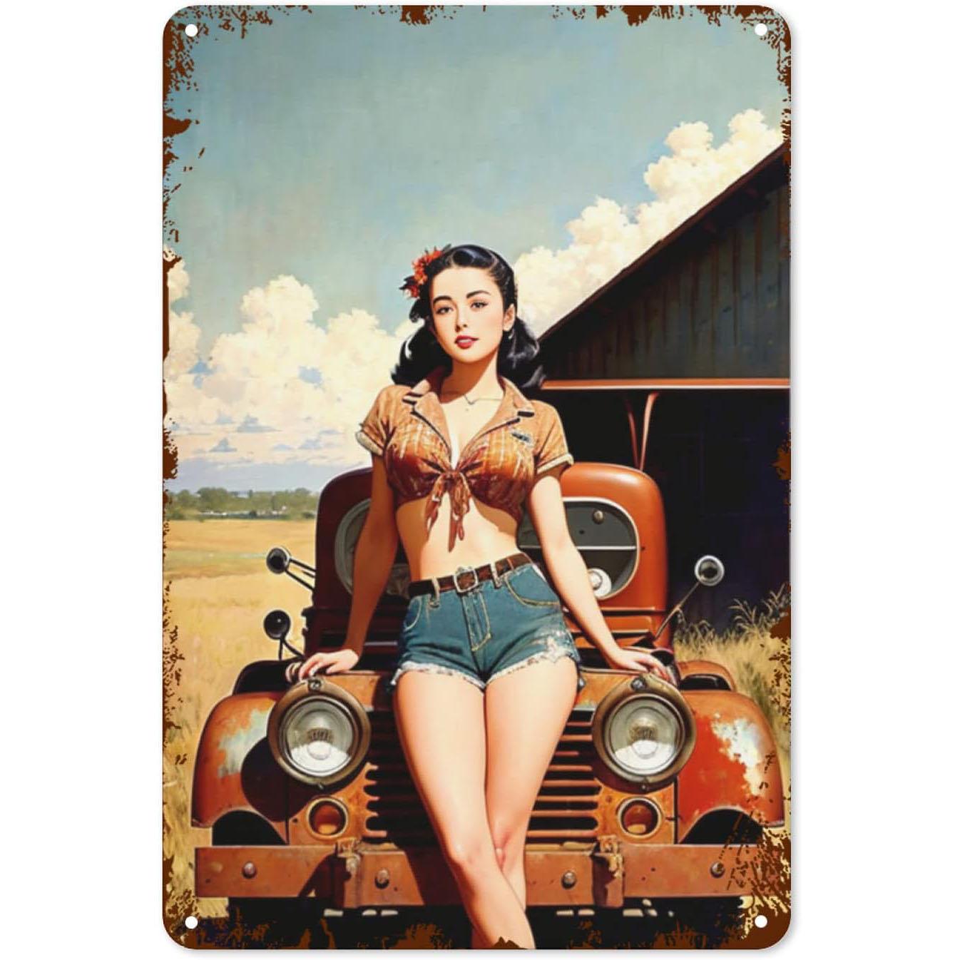 

Pinup Car Girls Metal Tin Signs Plaque Wall Decoration Vintage Art Posters Iron Painting for Man Cave Home Cafe Garden Club B 30x40cm