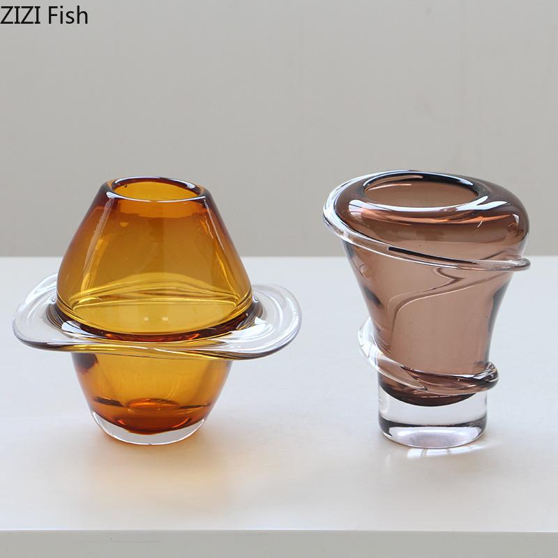 Transparent Amber Color Glass Vase Hydroponics Plant Pot Table Decoration Flowers Arrangement Floral Vases Room Aesthetic Decor