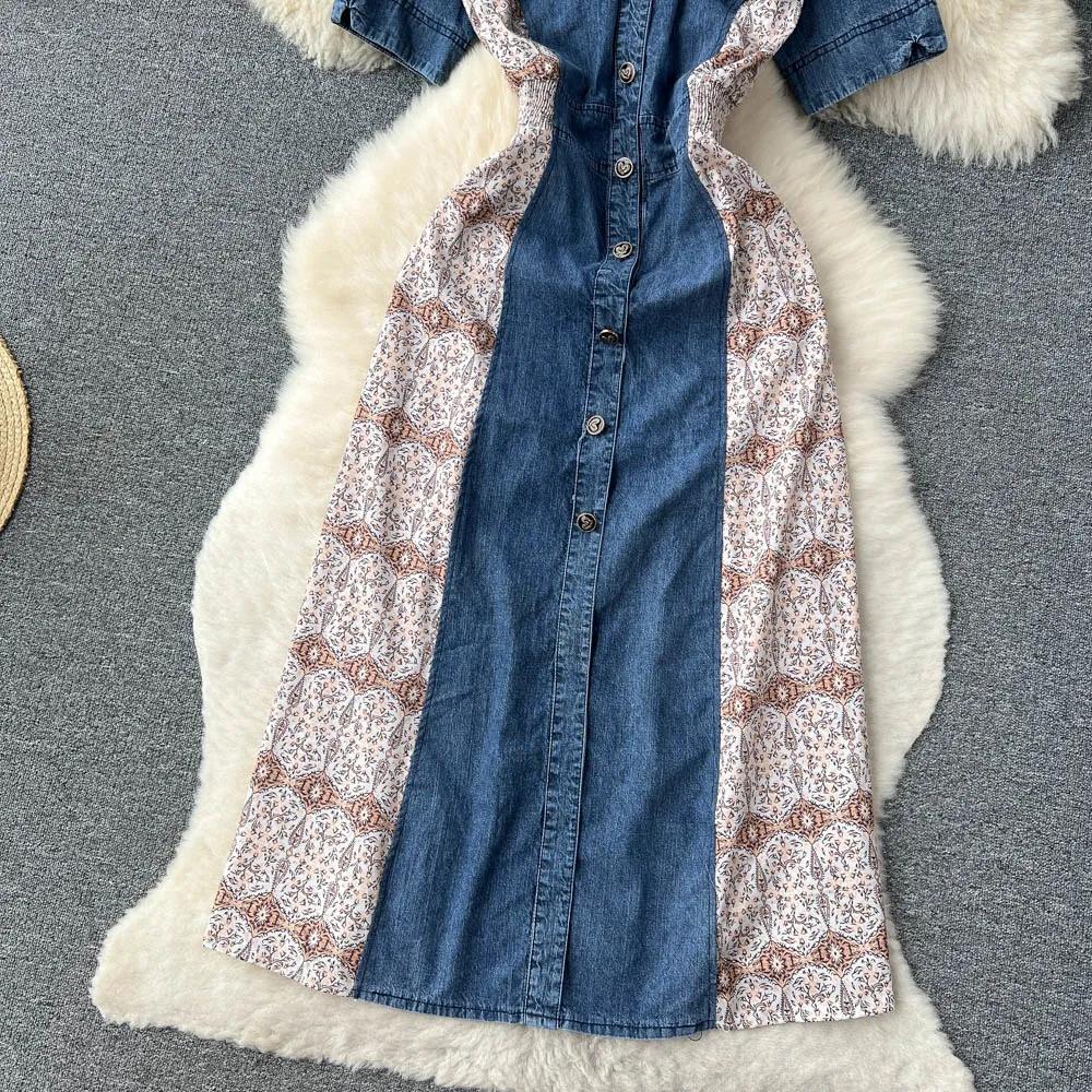 Summer Women Casual A-line V Neck Pullover Denim Patchwork Women Dresses Print Floral Short Sleeve Female Long Dress