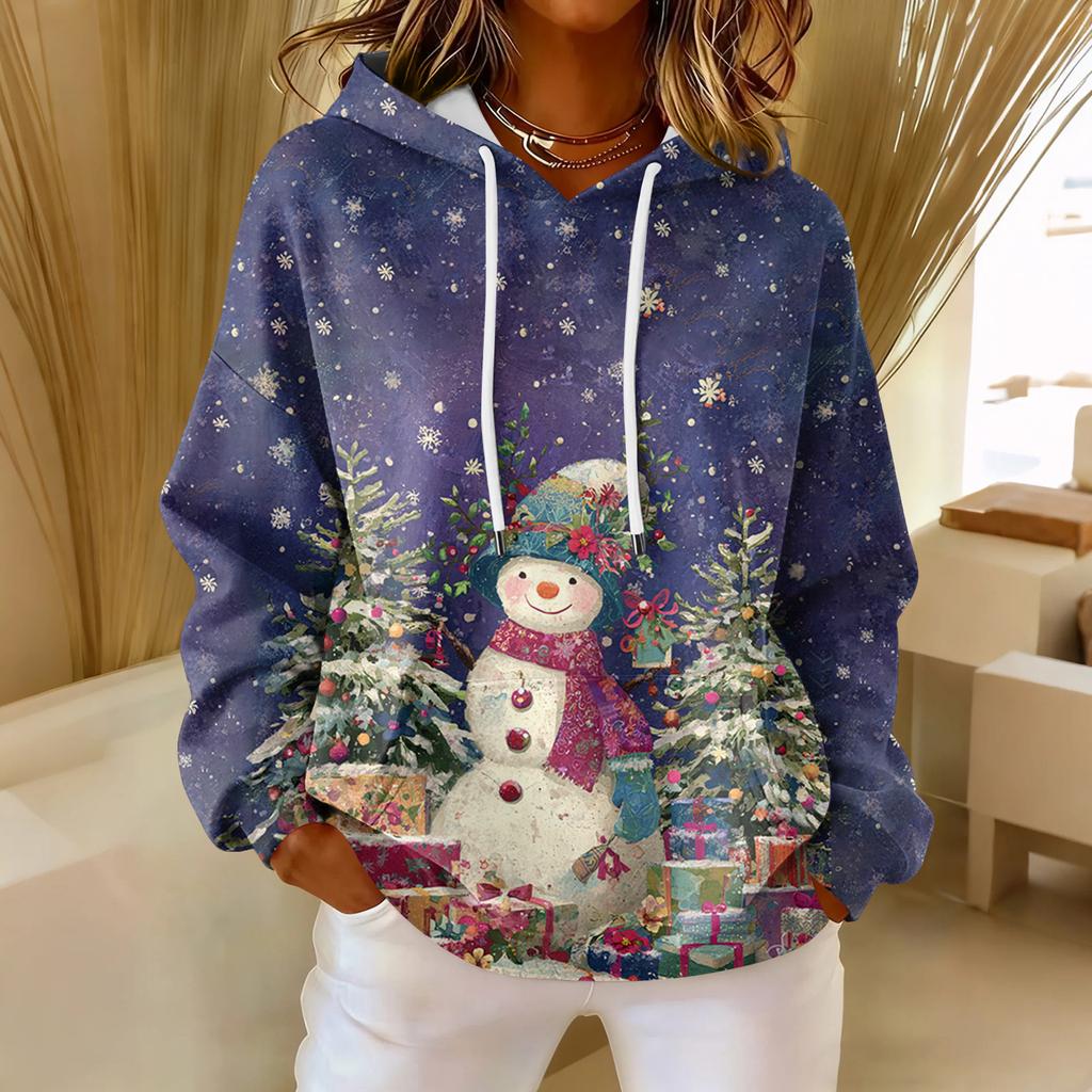 Dámská volná pohodlná ležérní módní mikina s dlouhým rukávem a vánočním potiskem ve výstřihu do V