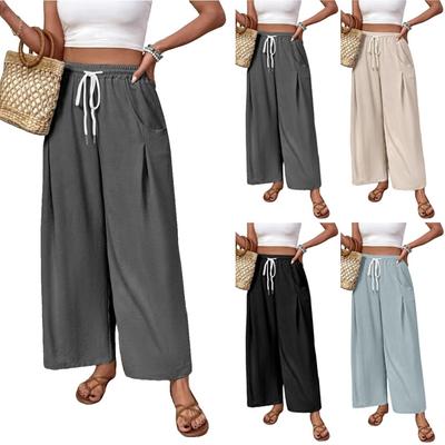 Women's Fashion Solid Color Drawstring High Waist Elastic Waist Pocket Wide Leg Casual Pants