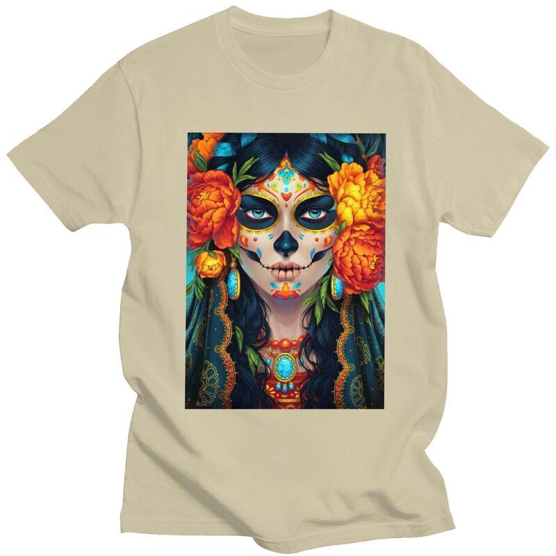 Individuelles Mexikanisches Catrina Zuckerschädel Dame T-Shirt für Herren Reines Baumwoll-T-Shirt Mode-Tee Kurzarm-T-Shirts Schlanke Passform