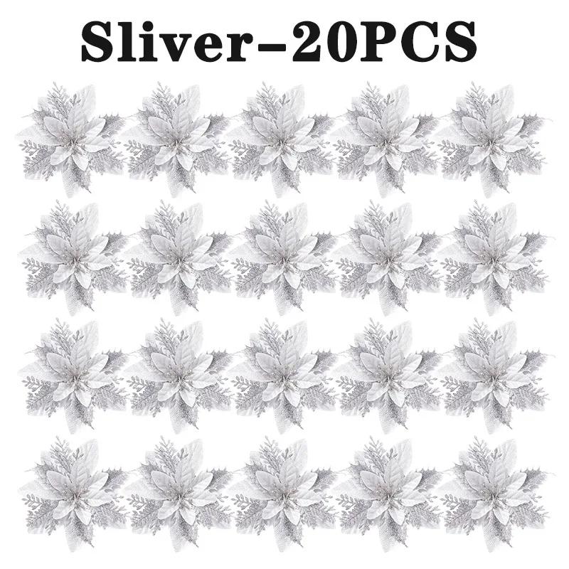 10PCS/Bag Christmas Flowers Glitter Artificial Poinsettia Floral Xmas Tree Ornaments DIY Garlands Home Wedding Party Decor