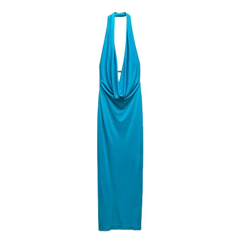 

Spring New Arrival Fashion Wind Sexy Open Back Deep V Ruched Hanging Collar Dress 3152242 8342342 Iron Blue L