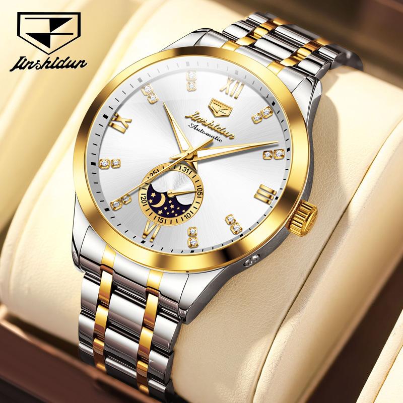 JINSHIDUN Fully Automatic Mechanical Watch Moon Phase Three-hand Men's Wristwatch