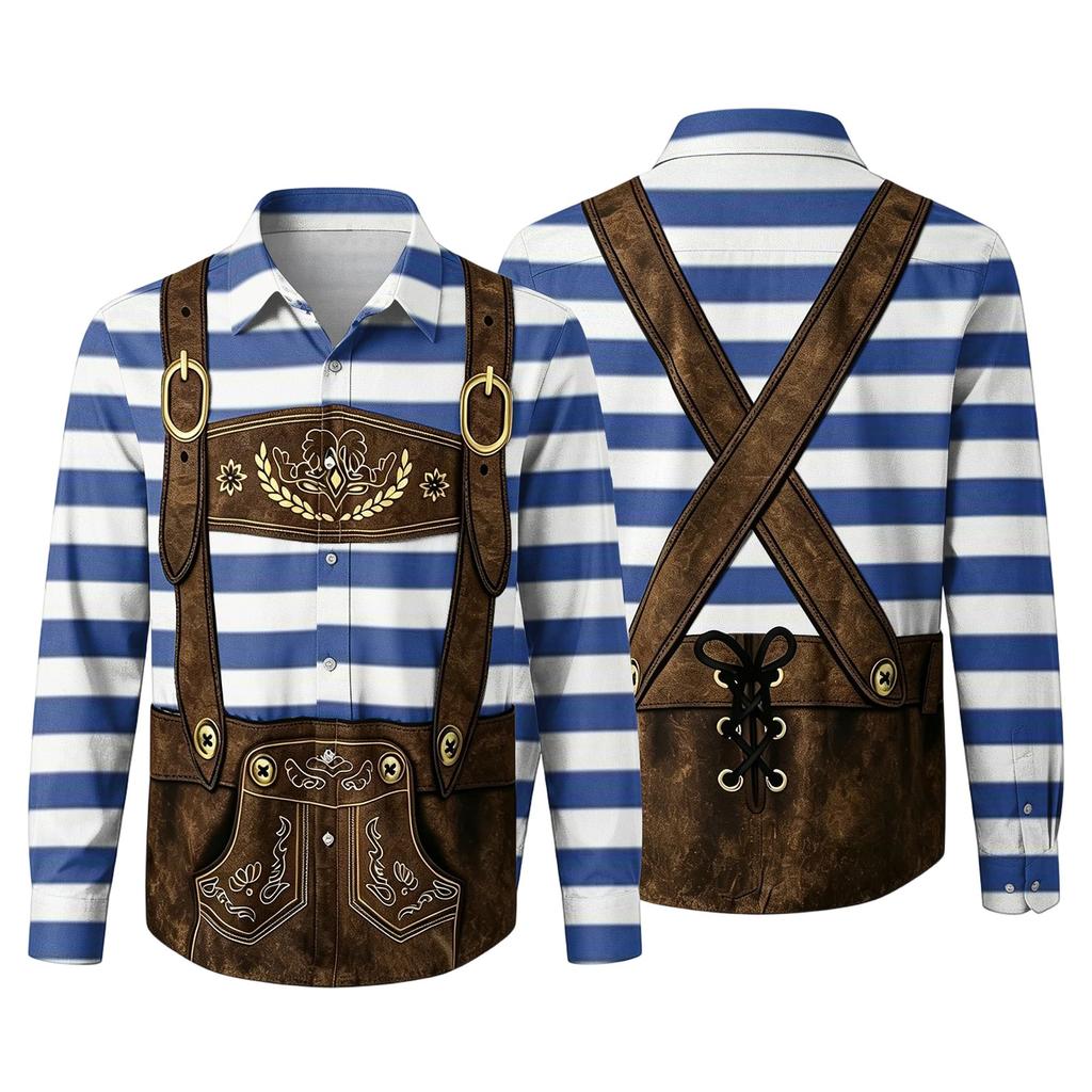 Herren Oktoberfest 3D-Druck Locker geschnitten Langarmhemd Button-Down-Kragen Lässig Vintage-Stil Atmungsaktives Hemd für Outdoor-Veranstaltungen und Partys