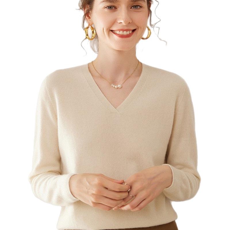 Women's Loose V-neck Cashmere Knit Sweater - Versatile Long Sleeve Pullover for Spring and Autumn