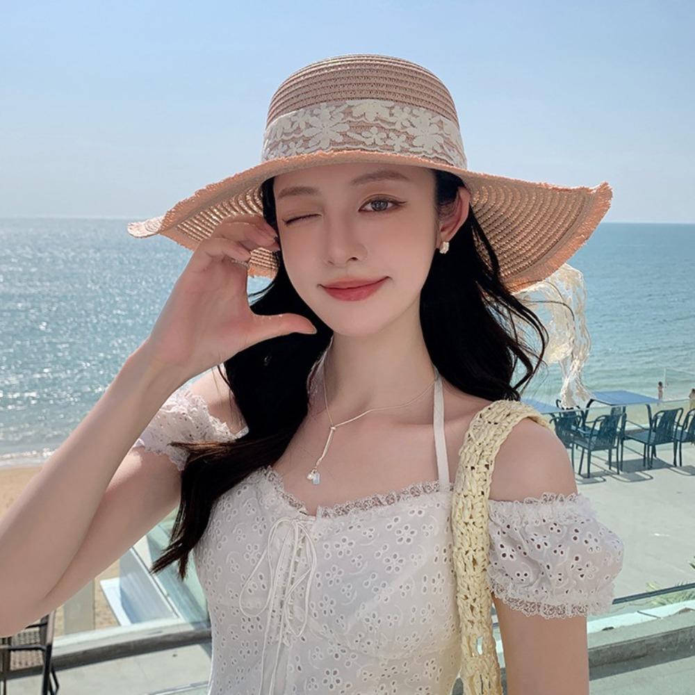 Adjustable Wide Brim Sun Hat Breathable Sunshade Cap Vacation Lace Bowknot Straw Hat  Girls