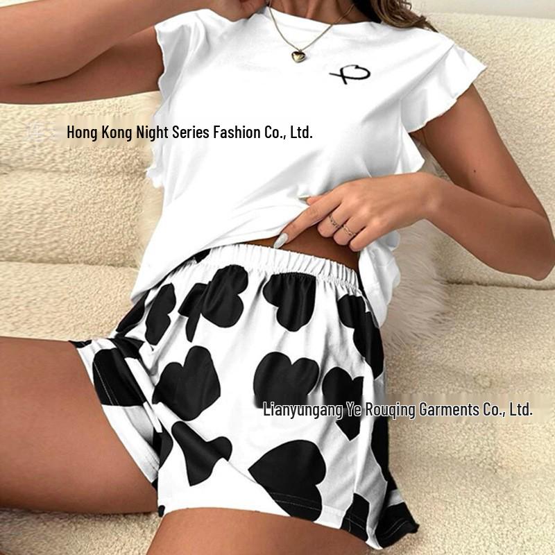 Women's Summer Fly Sleeve T-Shirt & Long Pants Pajama Set - Milk Silk Heart Print
