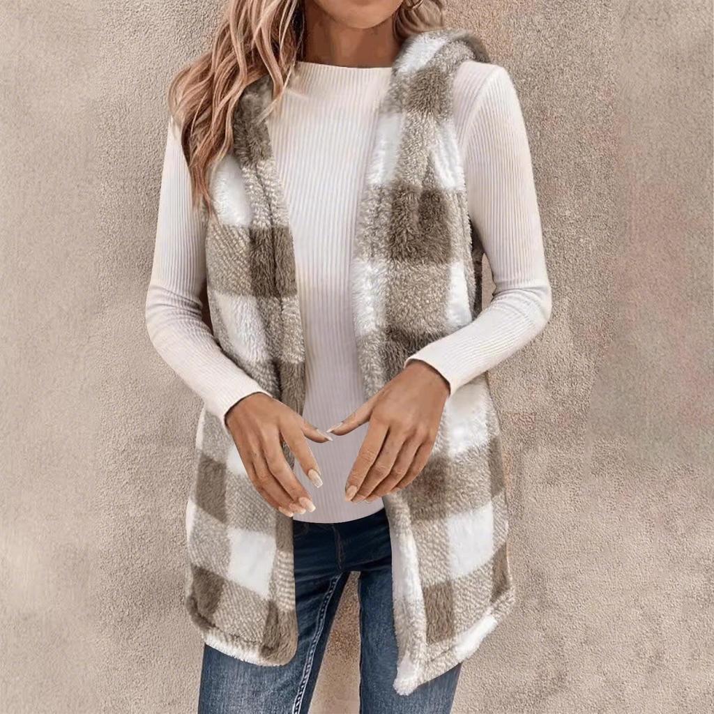 Women's Temperament Cardigan Plaid Hooded Plush Vest Jacket