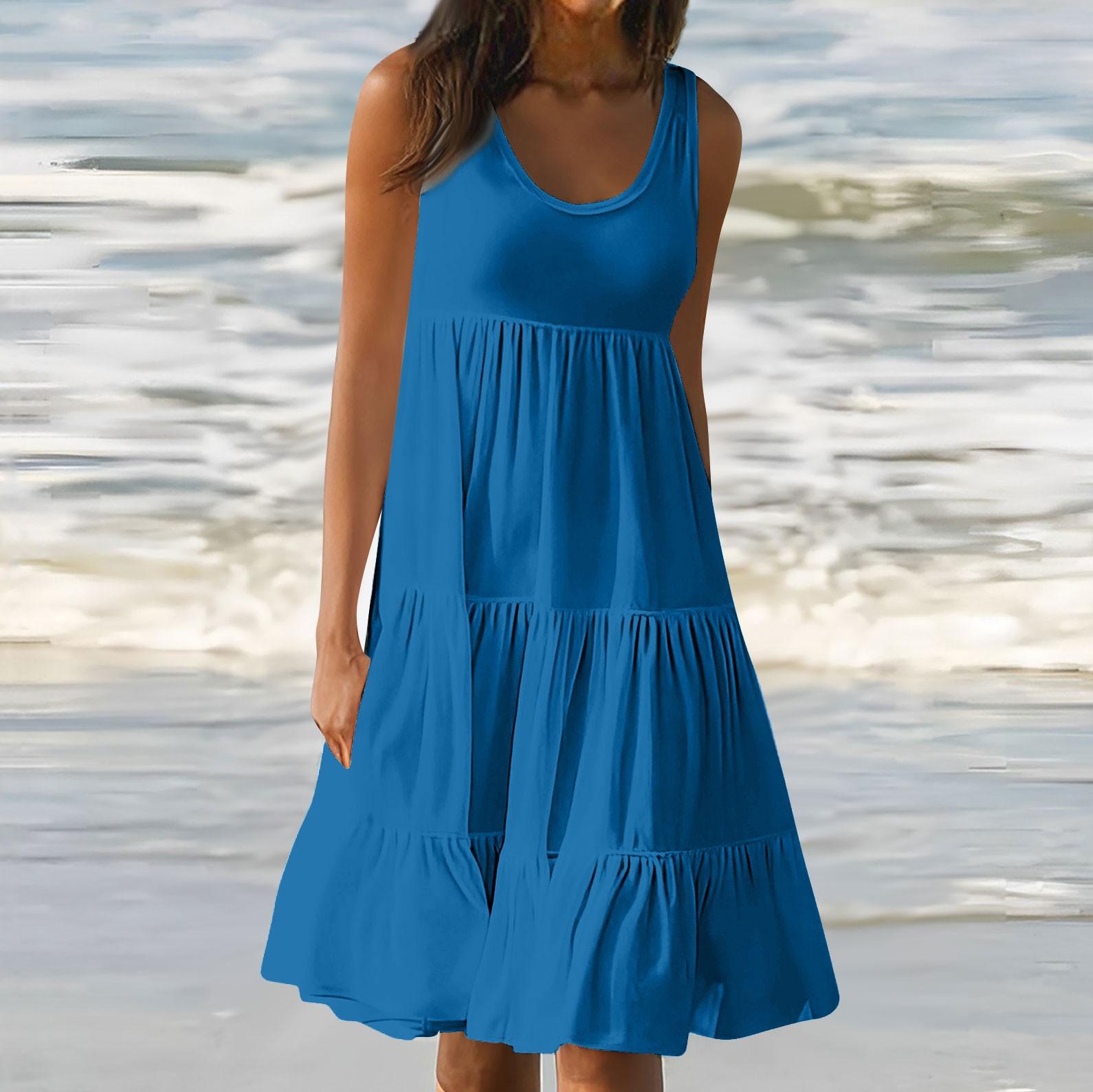 

Женские платья-жилеты Лето-весна Плиссированные богемные платья Симпатичные струящиеся пляжные платья без рукавов Прямая футболка Платья-майки Платья с круглым вырезом XXXL