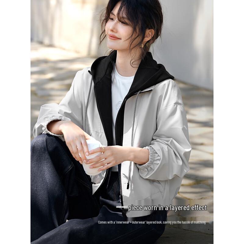 

Women s Color Block Fake Two-Piece Hooded Jacket 2XL
