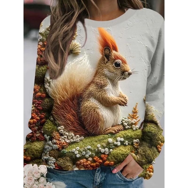 Fashion Women s Crew Neck Long Sleeve 3D Casual Color Printing Casual Long Sleeve Crew Neck T-Shirt S