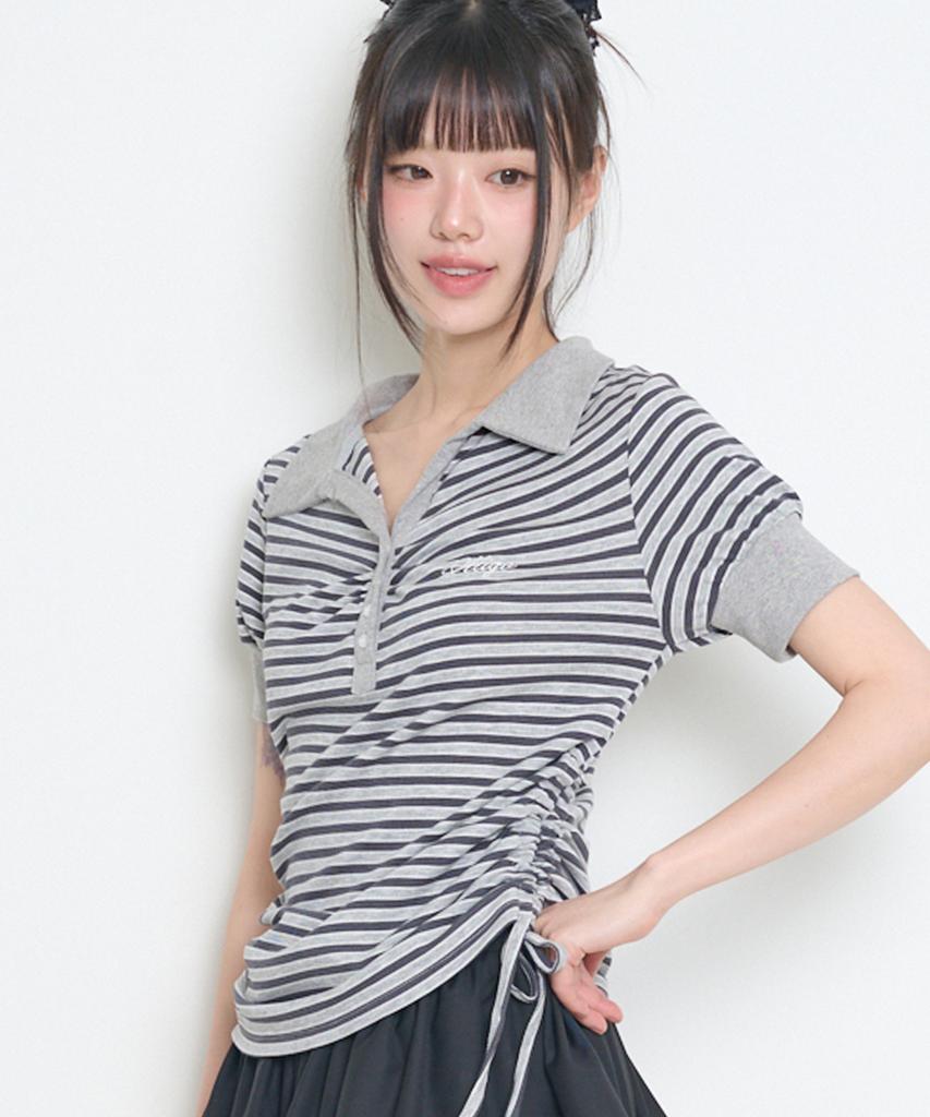 ILLIGO Striped Shirred Collared Tee Charcoal