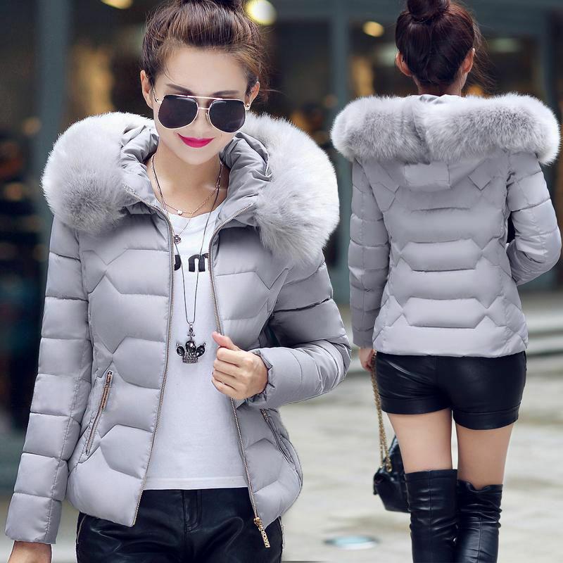 

Winter Jacket Womens Parka Short Fur Collar Hooded Coat Quilted Outwear S сірий колір