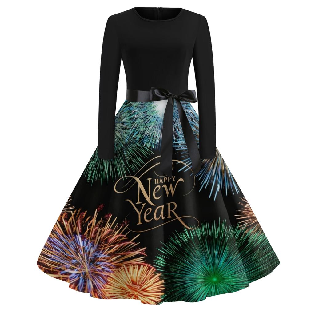 Women's Casual Fashion Round Neck Long Sleeve New Year Printed Retro Dress