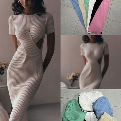 RUGOD Sexy Aushöhlen Gestrickte Kleid 2025 Schlank Temperament Kurzarm O Neck Französisch Stil Frau Sanfte Dünne Lange Kleider