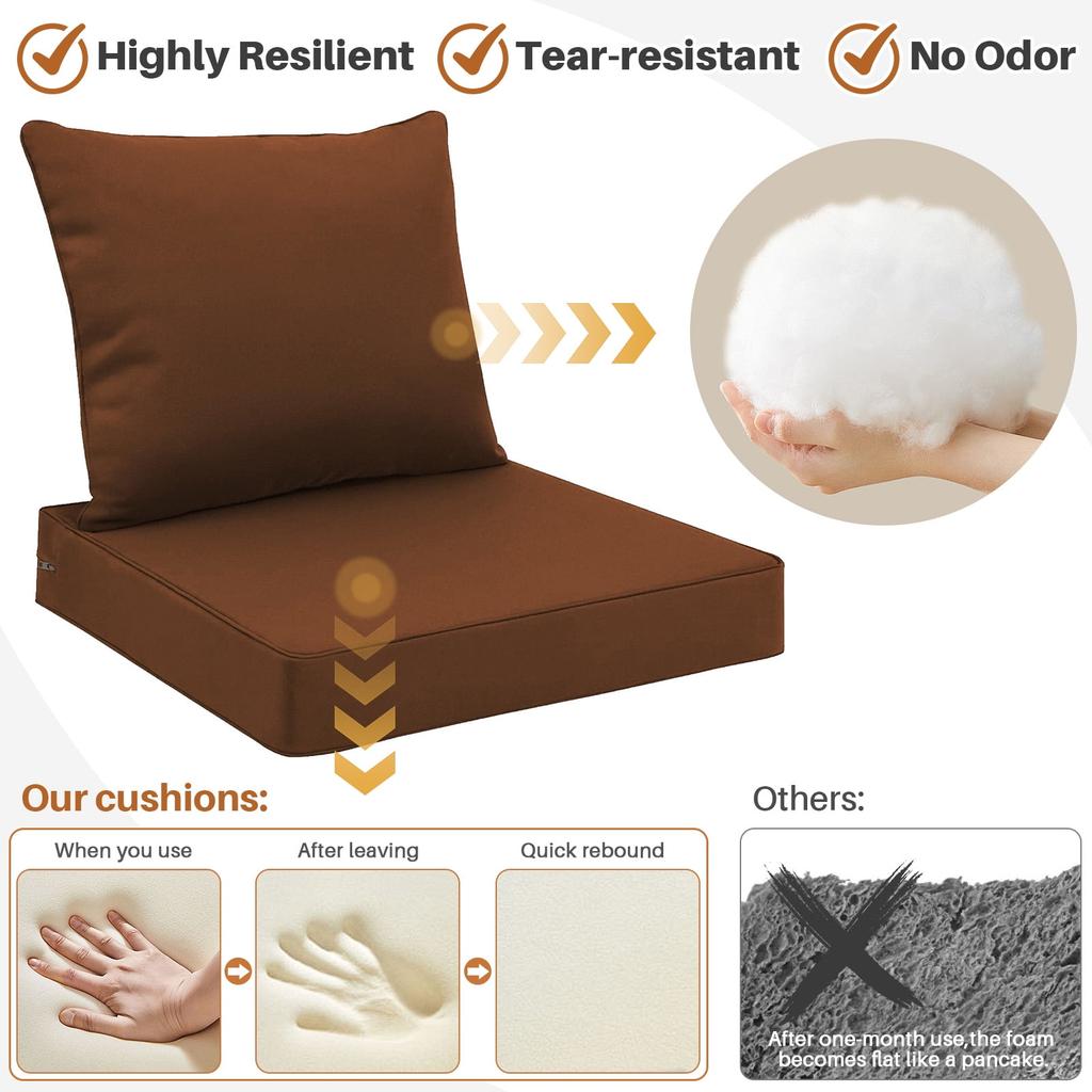 Outdoor Chair Cushions Set of 2, Thick High-Density Memory Foam Deep Seat Cushion, Waterproof & Fade Resistant Patio Furniture Cushions