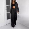 Women V Neck Lace Up Shirt High Waist Straight Pants Casual Two Piece Set