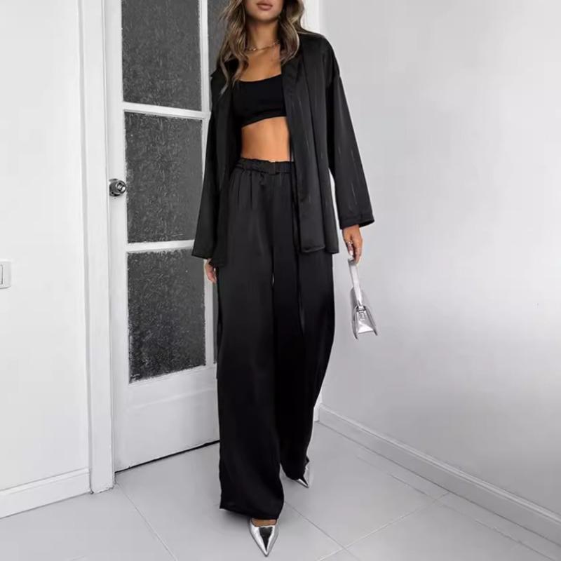 Women V Neck Lace Up Shirt High Waist Straight Pants Casual Two Piece Set