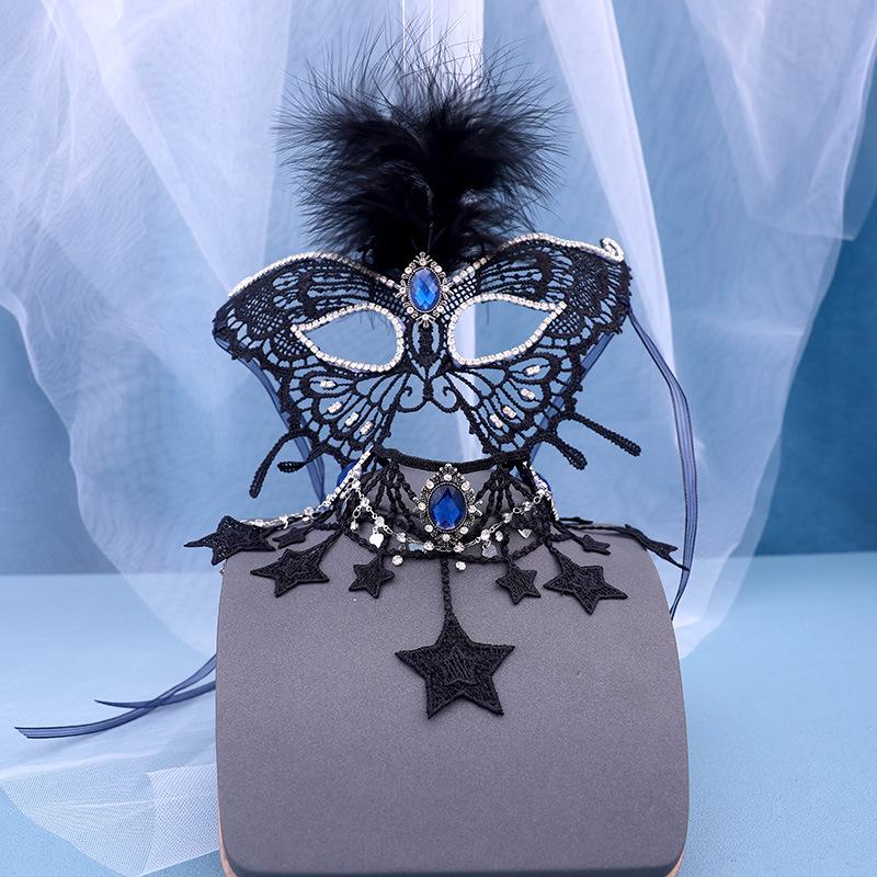 Damen Halloween Schwarze Spitze Maskenball Maske mit Feder Halsketten-Accessoire