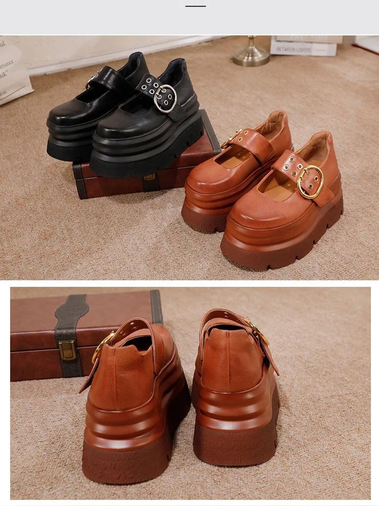 Johnature Vintage Thick Soled Shoes Round Toe Genuine Leather Versatile Four Seasons Women's Shoes