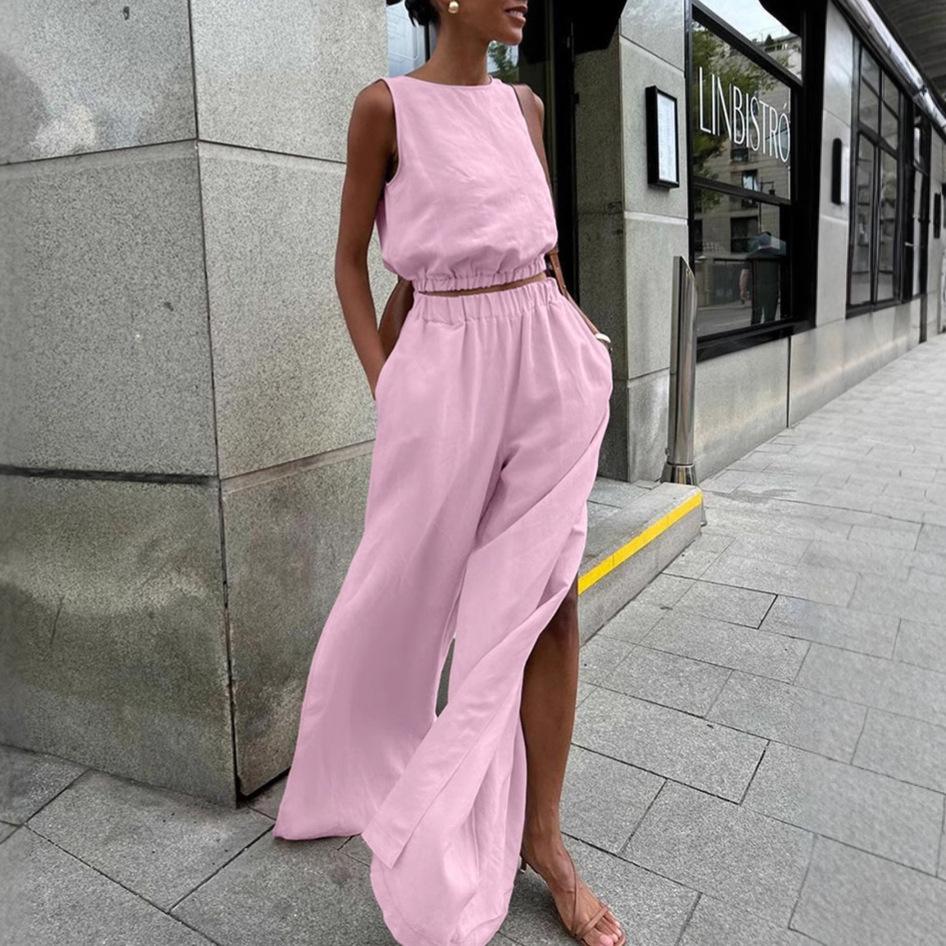 

Горячая Распродажа Хлопково-Льняной Однотонный Комплект Весна Лето Повседневный Женский Жилет С Разрезами Длинные Брюки Костюм-Двойка L розовый