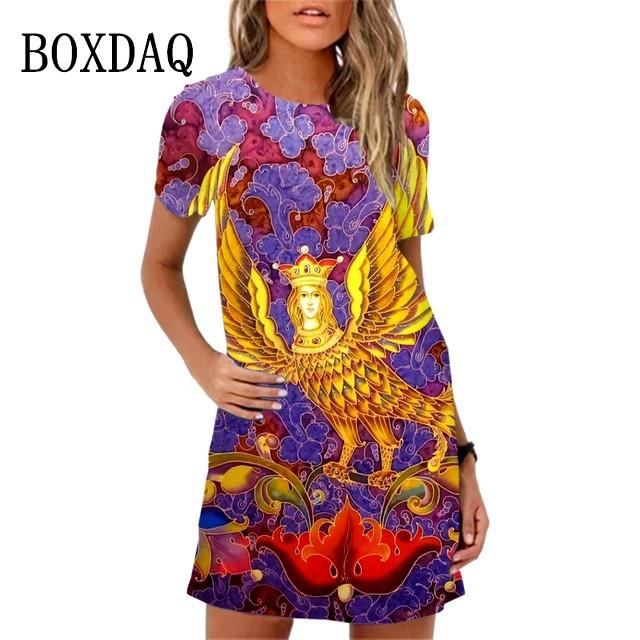 Elegante Abito Midi da Donna a Maniche Corte Moda Stampa 3D Taglie Forti Abbigliamento da Spiaggia