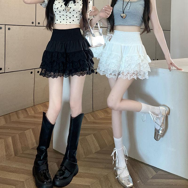 Dámské léto s vysokým pasem sladká krajková sukně Krátké mini dortové nafouklé sukně Černá bílá roztomilá sukně