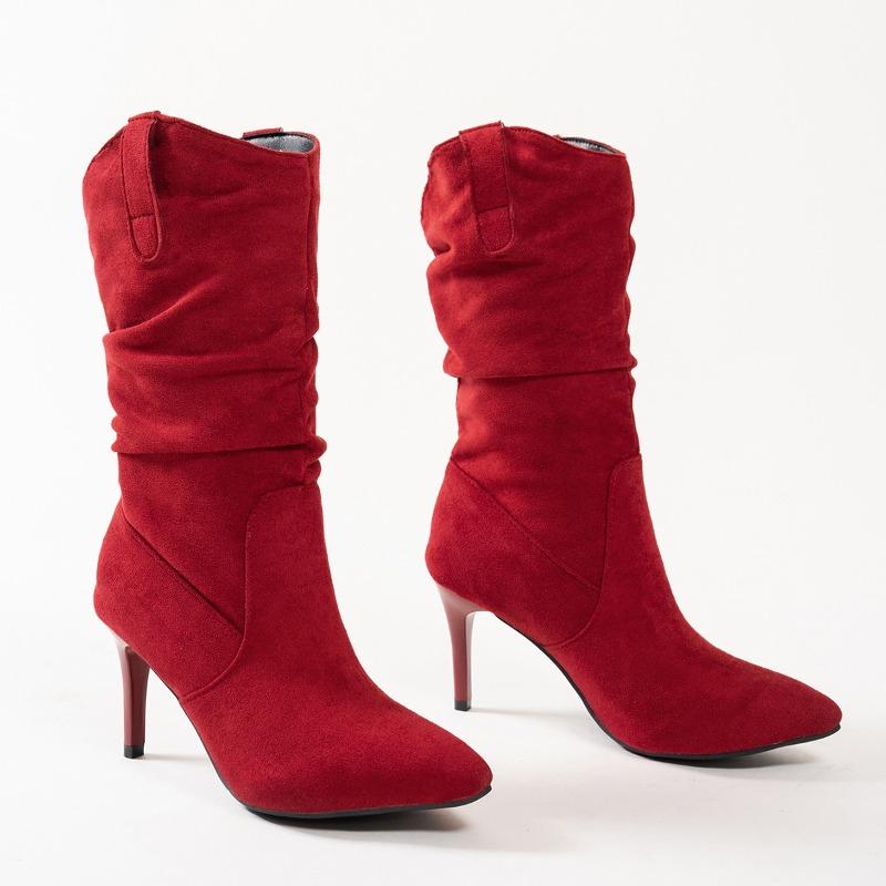 Fashion New Women Pointed Toe Thin High Heels Ankle Boots  Autumn Fashion Pleated Cowboy Women Faux Suede Woman Slip on Western Boots