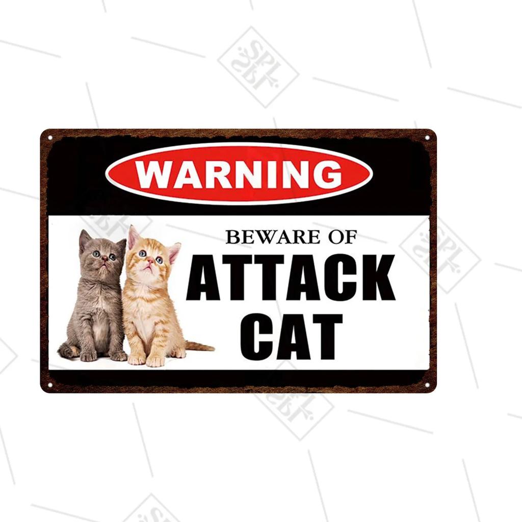 Pet Shop Warning Sign Beware of The Attack Cat Metal Sign Animals Tin Plate Pet Shop Wall Sticker Decoration Vintage Home Decor