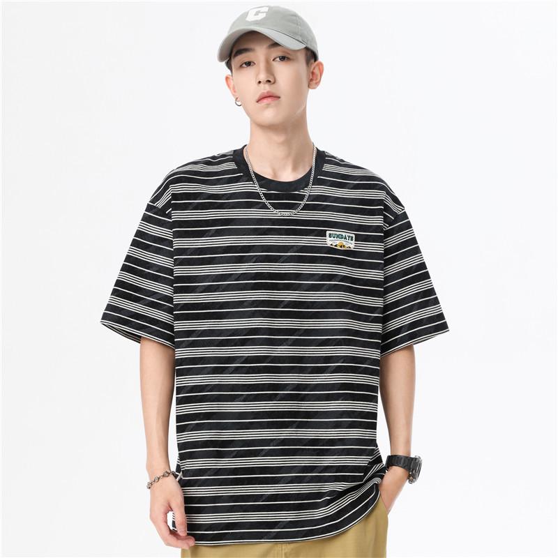 Men's Loose Fit Striped Cotton Crew Neck T-Shirt with Embroidery