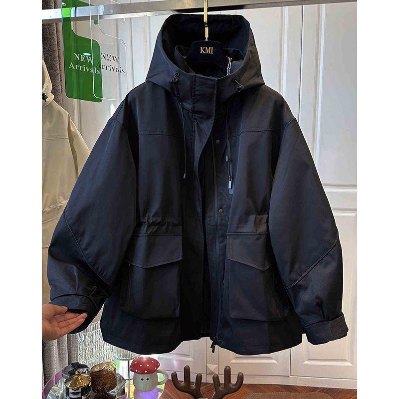 European Women's Khaki Hooded Waist-Cinching Windbreaker - Sporty Workwear Jacket for Early Spring/Autumn