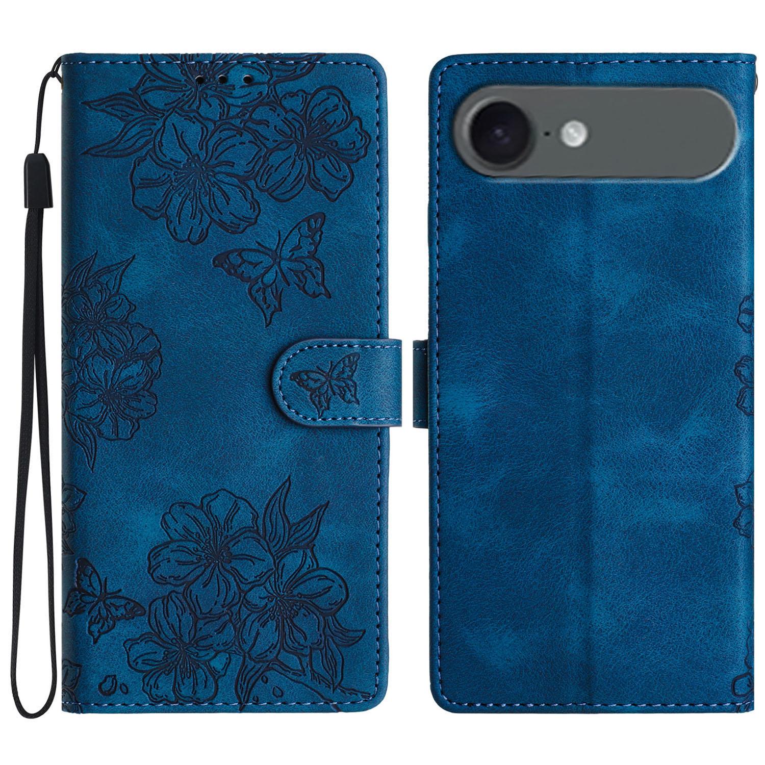 

For iPhone 17 Air Case Butterfly Flower Pattern Skin-Touch Leather Phone Cover Blue