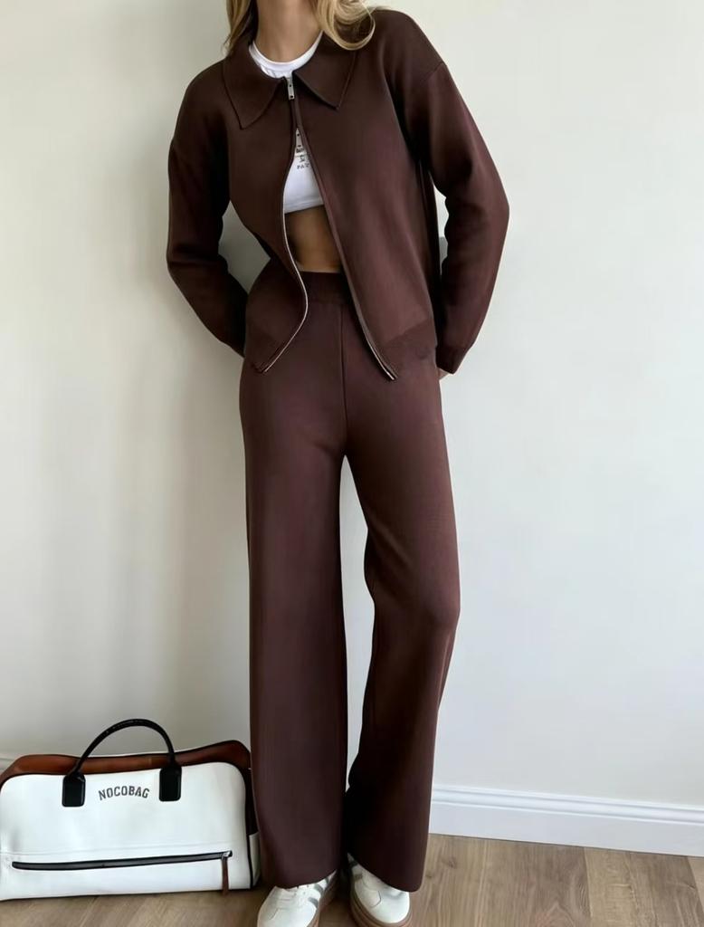 Russian and European style solid color long-sleeved zipper cardigan knitted suit + wide-leg trousers two-piece women's clothing
