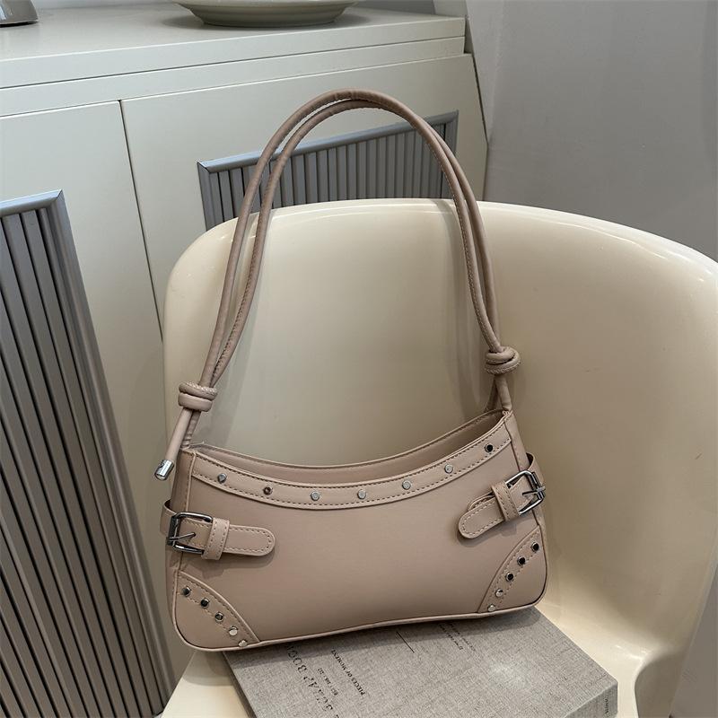 Retro Studded Faux Leather Shoulder Bag with Buckle Detail, Multi-Color for Daily Use Shopping Dating, Commuting and Short Trips