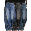 Calças Jeans Femininas Azul Lavado Cintura Alta Com Ilhós Metálicos Perna Larga Casual Caimento Solto Streetwear Calças Casuais