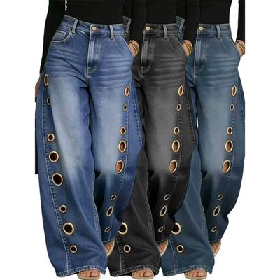 Calças Jeans Femininas Azul Lavado Cintura Alta Com Ilhós Metálicos Perna Larga Casual Caimento Solto Streetwear Calças Casuais