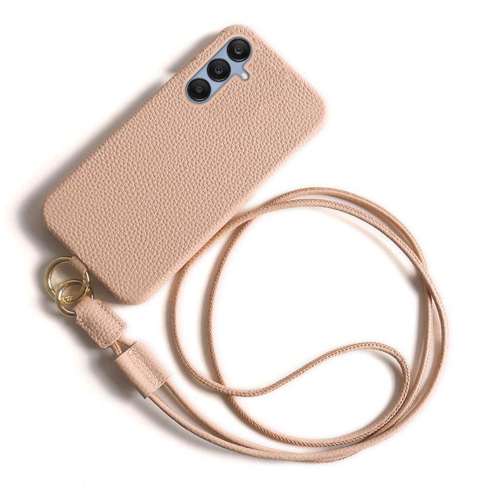 For Samsung Galaxy A25 5G (Global) (161.0 X 76.5 X 8.3mm) Case with Lanyard Genuine Cow Leather PC Phone Back Cover