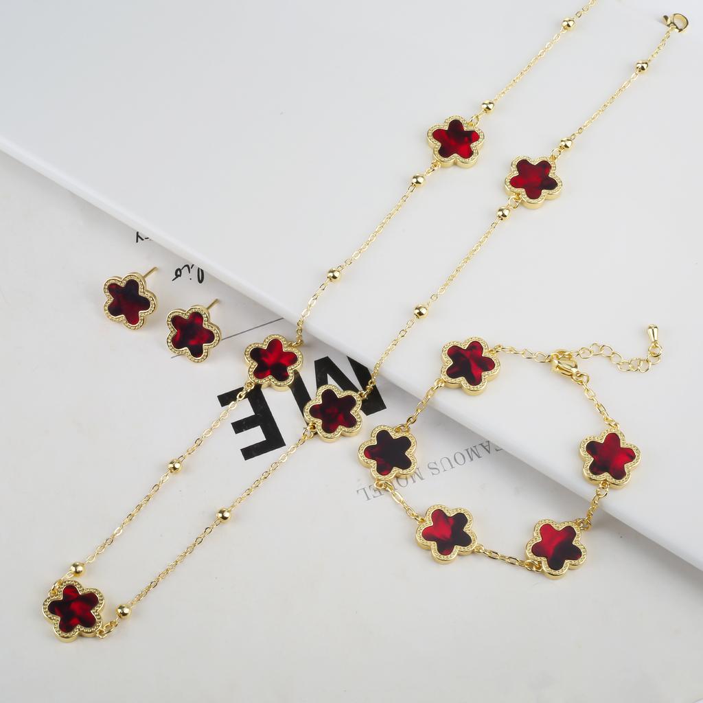 New Sweater Chain Five Point Star Creative Plant Plum Blossom Jewelry Set Shell Simple Bracelet/Necklace/Earrings Women's Clover