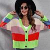 Cross-Border Fashion Fall and Winter New Product V-neck Color-Block Rainbow Cardigan Sweater Loose Short Coat Stripes Long Sleeves Knitwear