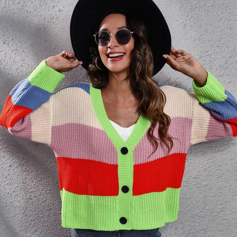 Cross-Border Fashion Fall and Winter New Product V-neck Color-Block Rainbow Cardigan Sweater Loose Short Coat Stripes Long Sleeves Knitwear